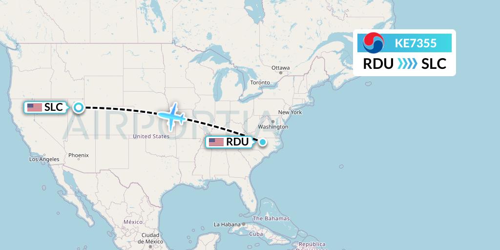 KE7355 Korean Air Flight Map: Raleigh-Durham to Salt Lake City