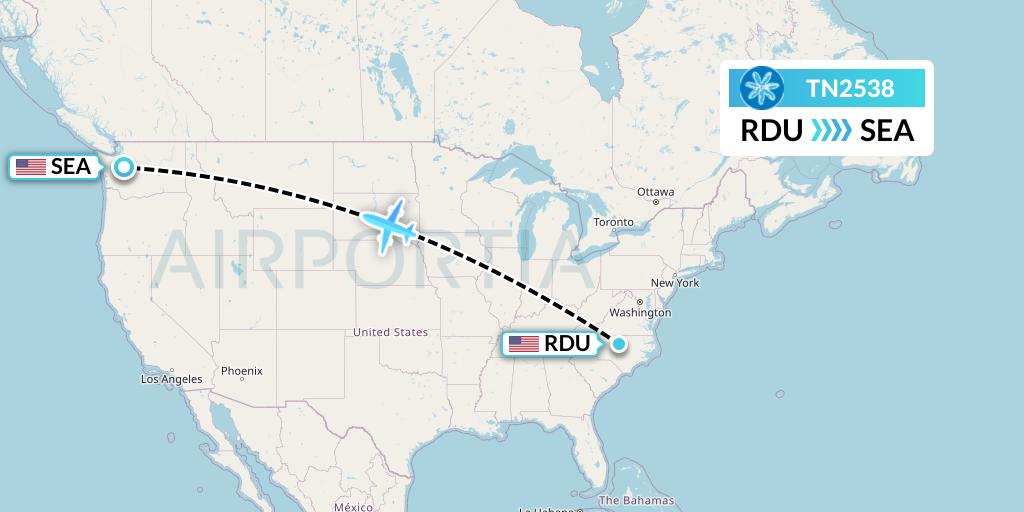 TN2538 Air Tahiti Nui Flight Map: Raleigh-Durham to Seattle