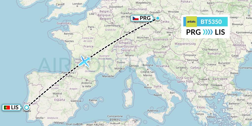 BT5350 Air Baltic Flight Map: Prague to Lisbon