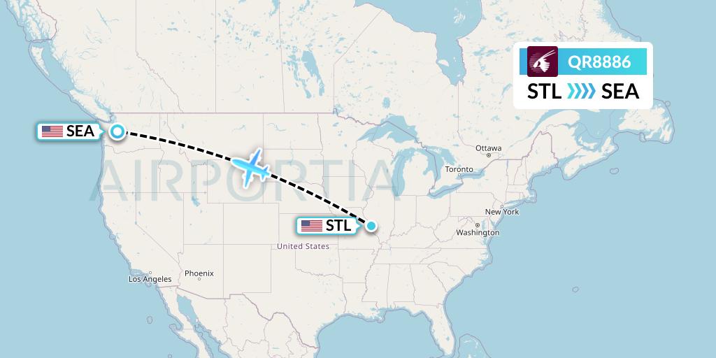 QR8886 Qatar Airways Flight Map: St. Louis to Seattle