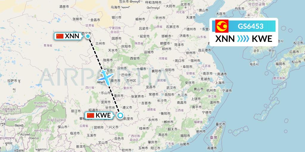 GS6453 Tianjin Airlines Flight Map: Xining to Guiyang