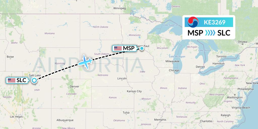 KE3269 Korean Air Flight Map: Minneapolis to Salt Lake City