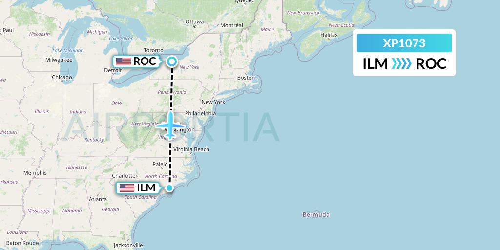 XP1073 Avelo Airlines Flight Map: Wilmington to Rochester