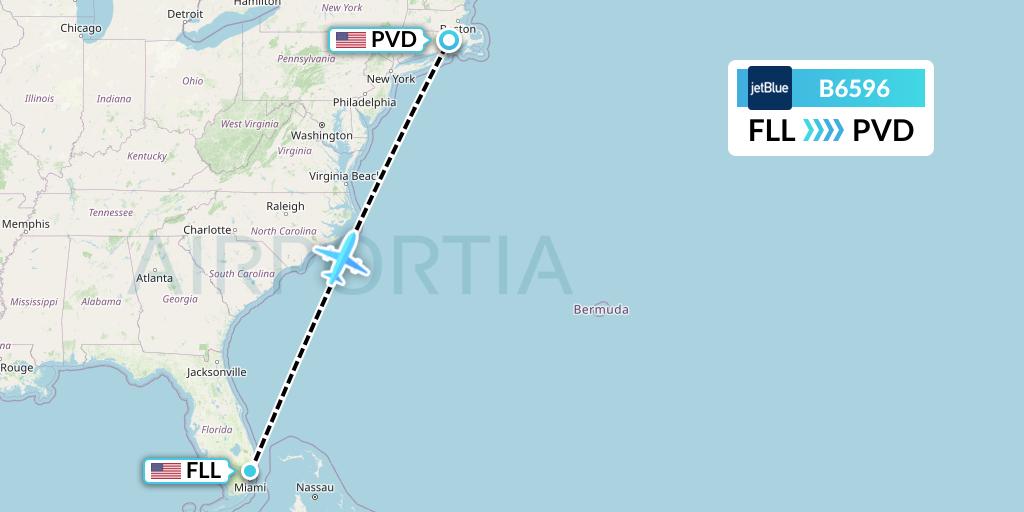 B6596 JetBlue Airways Flight Map: Fort Lauderdale to Providence