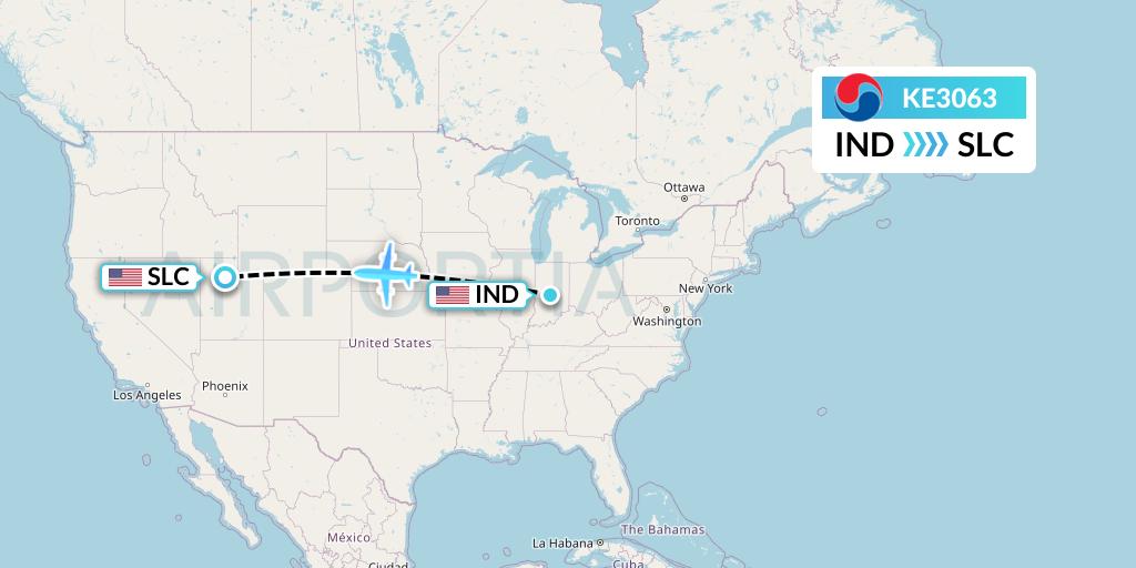 KE3063 Korean Air Flight Map: Indianapolis to Salt Lake City