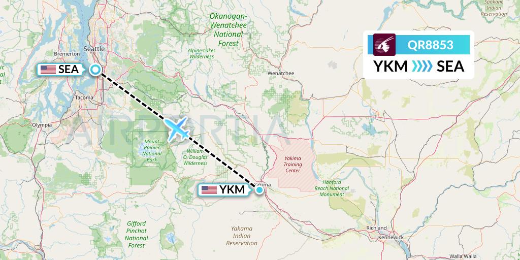 QR8853 Qatar Airways Flight Map: Yakima to Seattle
