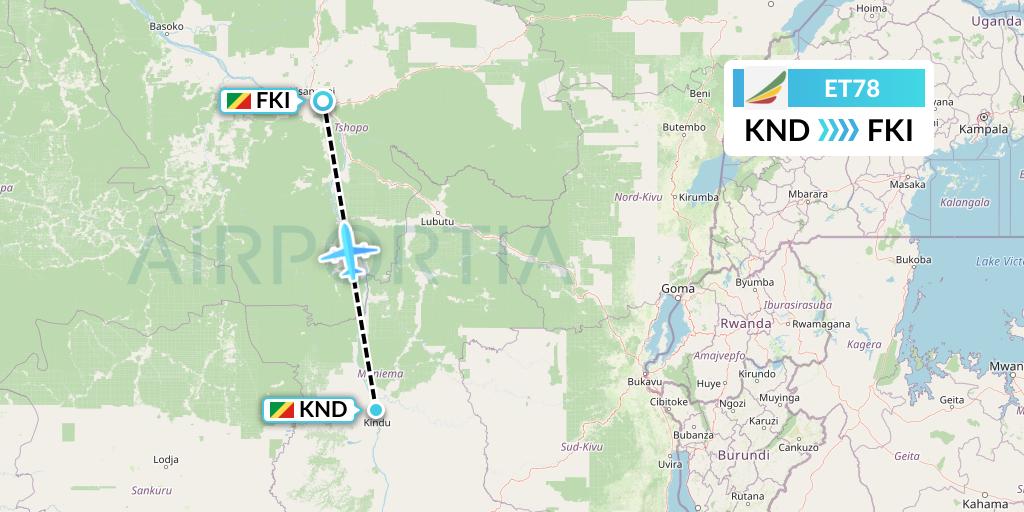 ET78 Ethiopian Airlines Flight Map: Kindu to Kisangani