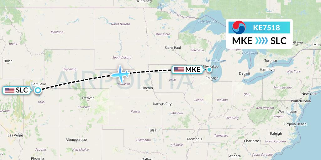 KE7518 Korean Air Flight Map: Milwaukee to Salt Lake City