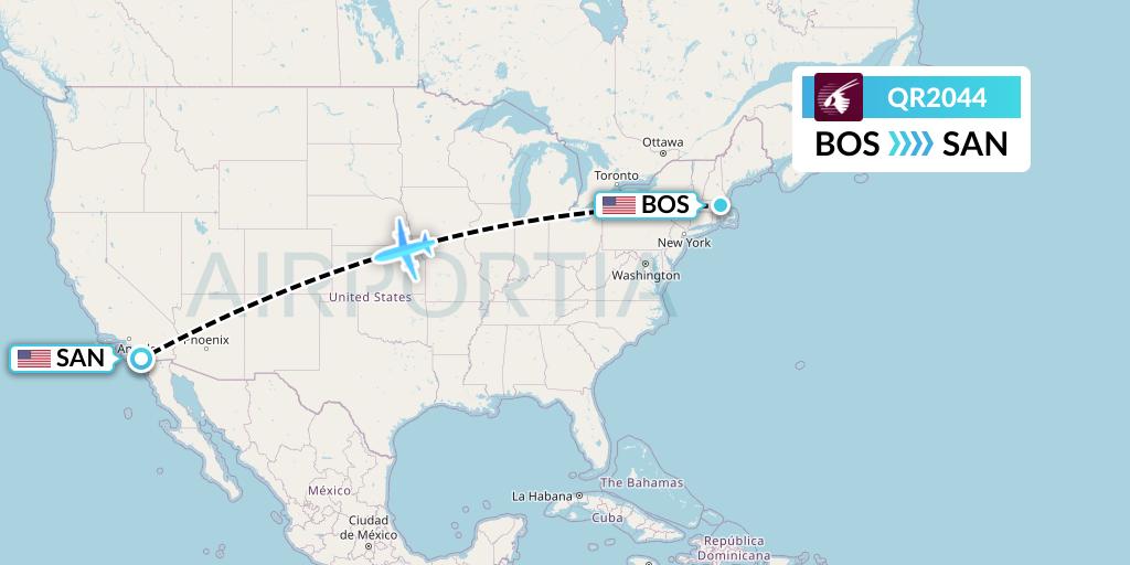 QR2044 Qatar Airways Flight Map: Boston to San Diego