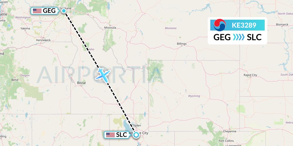 KE3289 Korean Air Flight Map: Spokane to Salt Lake City