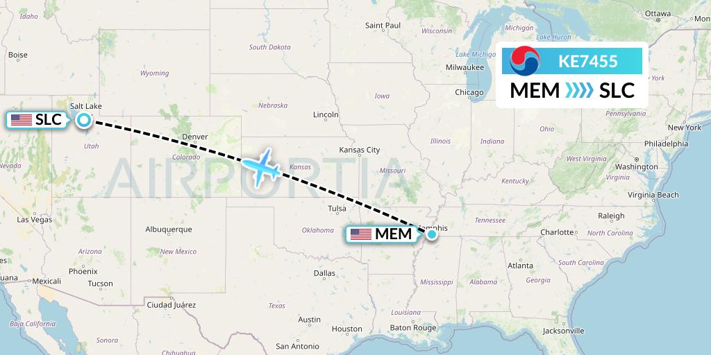 KE7455 Korean Air Flight Map: Memphis to Salt Lake City