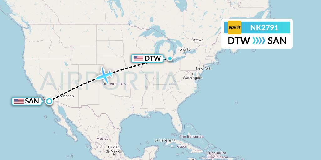 NK2791 Spirit Airlines Flight Map: Detroit to San Diego