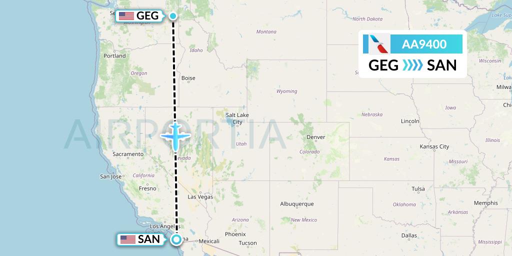 AA9400 American Airlines Flight Map: Spokane to San Diego