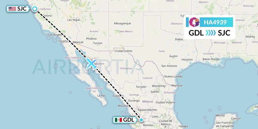 HA4939 Hawaiian Airlines Flight Map: Guadalajara to San Jose