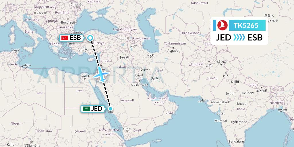 TK5265 Turkish Airlines Flight Map: Jeddah to Ankara