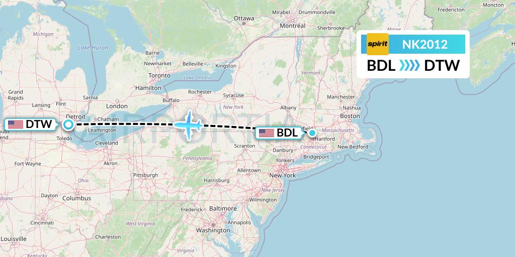 NK2012 Spirit Airlines Flight Map: Windsor Locks to Detroit