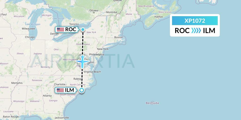 XP1072 Avelo Airlines Flight Map: Rochester to Wilmington