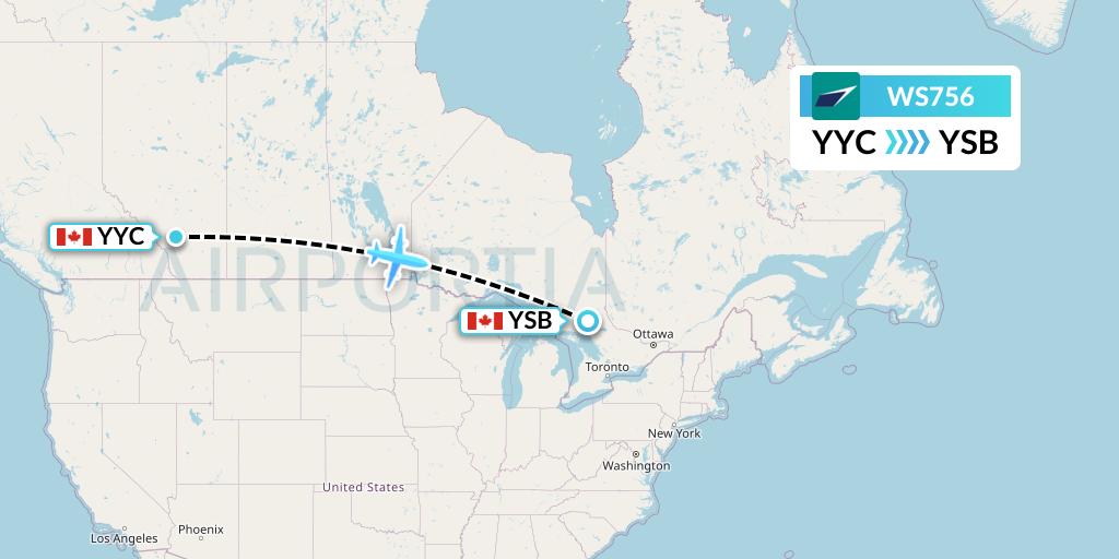 WS756 WestJet Flight Map: Calgary to Sudbury