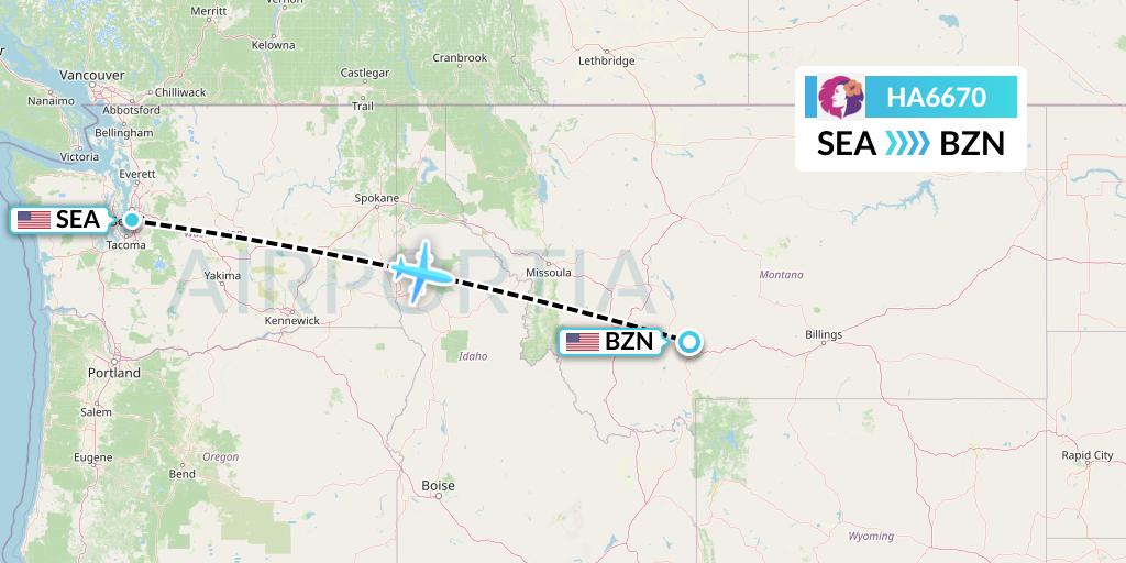 HA6670 Hawaiian Airlines Flight Map: Seattle to Bozeman