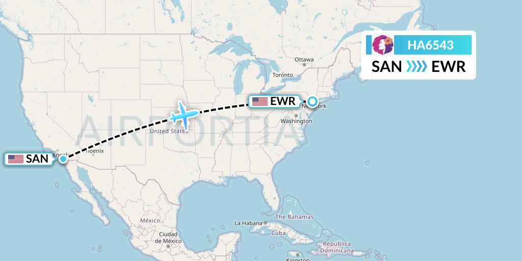 HA6543 Hawaiian Airlines Flight Map: San Diego to New York