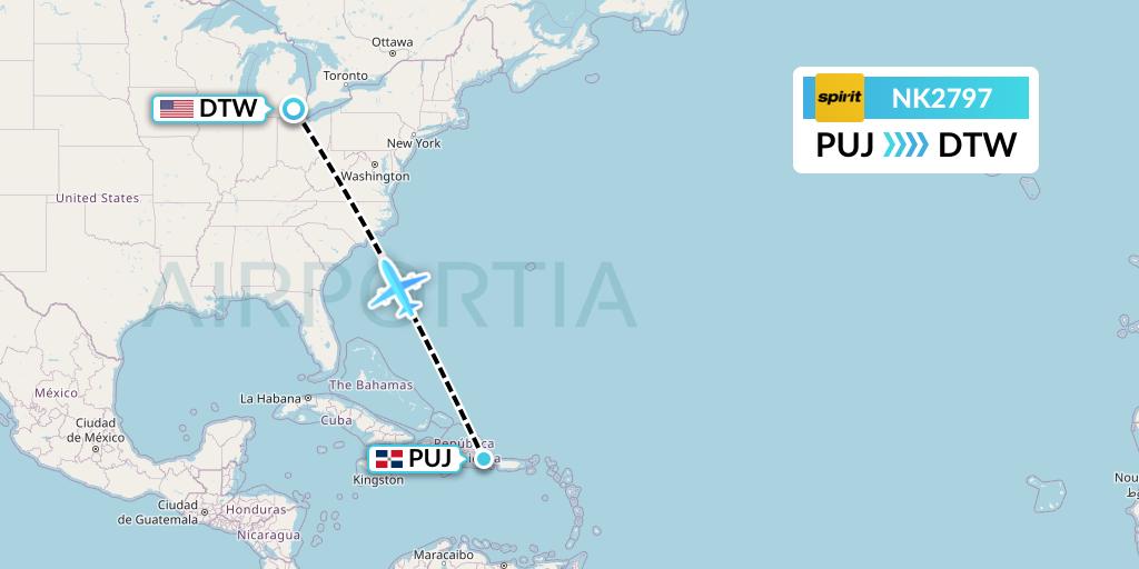 NK2797 Spirit Airlines Flight Map: Punta Cana to Detroit