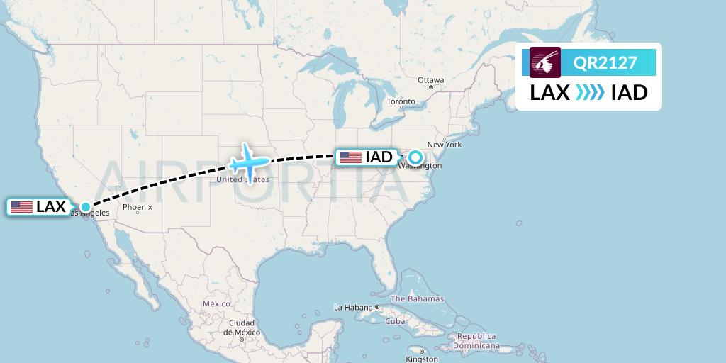 QR2127 Qatar Airways Flight Map: Los Angeles to Washington