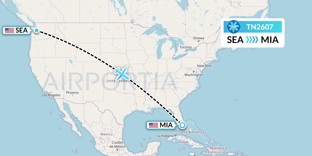 TN2607 Air Tahiti Nui Flight Map: Seattle to Miami