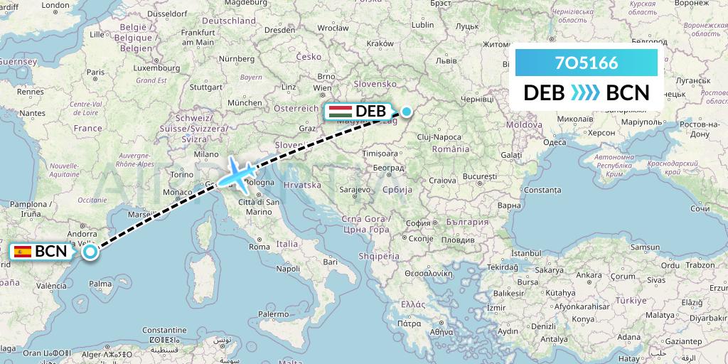 7O5166 Travel Service Hungary Flight Map: Debrecen to Barcelona