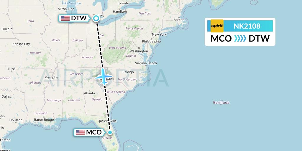 NK2108 Spirit Airlines Flight Map: Orlando to Detroit
