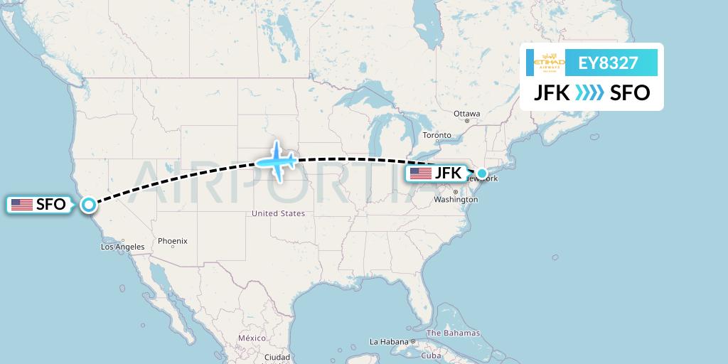 EY8327 Etihad Airways Flight Map: New York to San Francisco