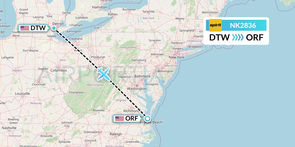 NK2836 Spirit Airlines Flight Map: Detroit to Norfolk