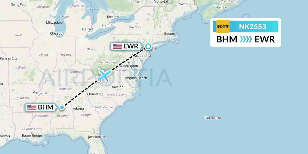 NK2553 Spirit Airlines Flight Map: Birmingham to New York
