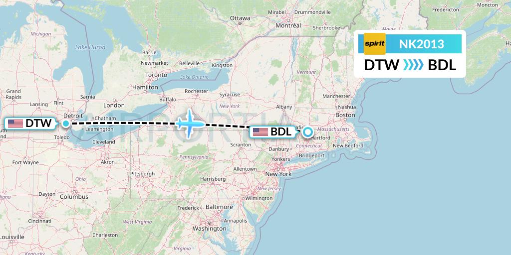 NK2013 Spirit Airlines Flight Map: Detroit to Windsor Locks