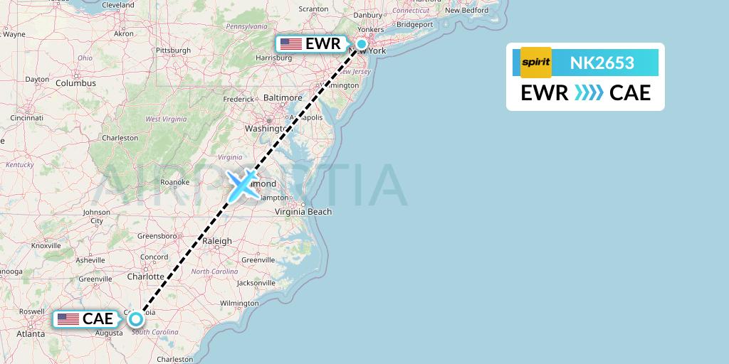 NK2653 Spirit Airlines Flight Map: New York to Columbia