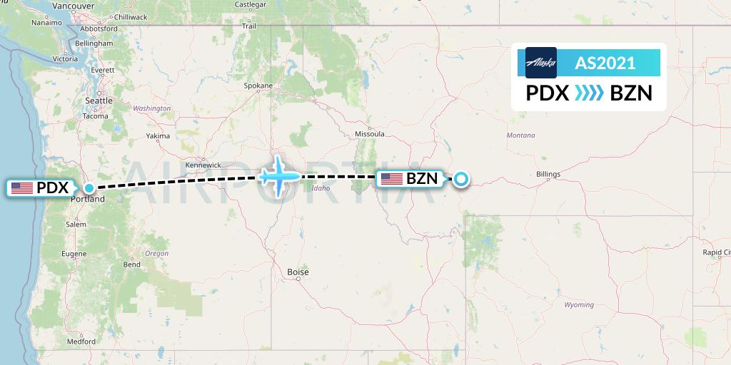 AS2021 Alaska Airlines Flight Map: Portland to Bozeman