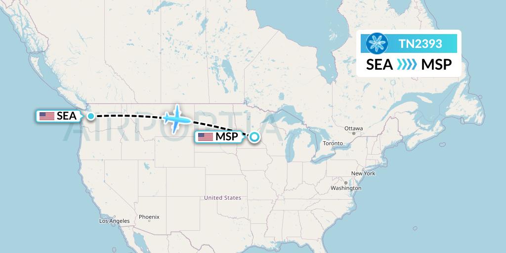 TN2393 Air Tahiti Nui Flight Map: Seattle to Minneapolis