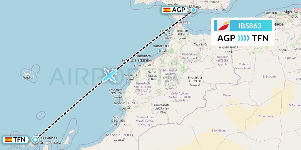 IB5863 Iberia Flight Map: Malaga to Tenerife