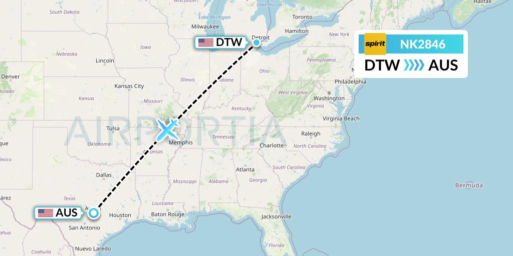NK2846 Spirit Airlines Flight Map: Detroit to Austin