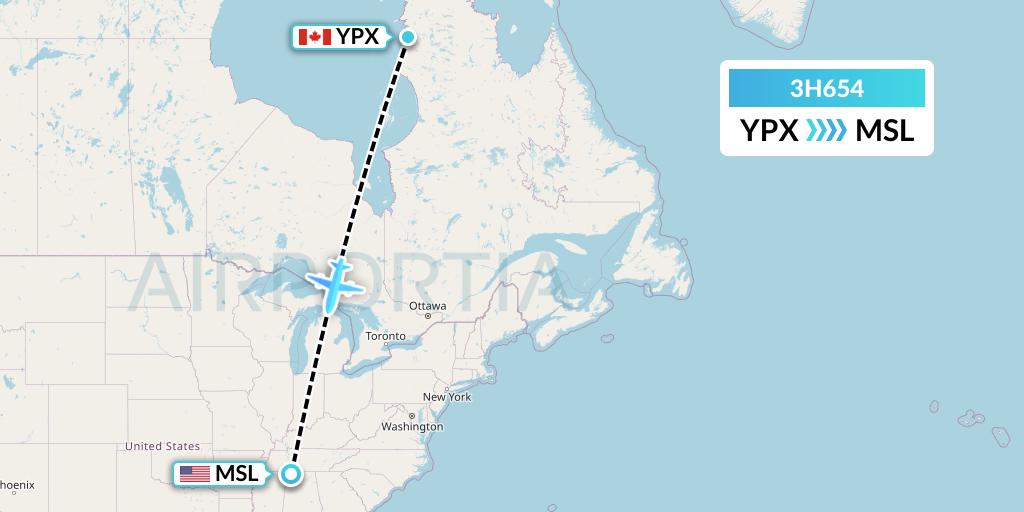 3H654 Air Inuit Flight Map: Puvirnituq to Muscle Shoals