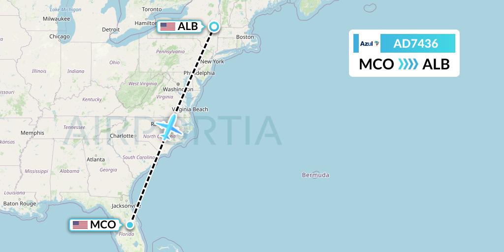 AD7436 Azul Brazilian Airlines Flight Map: Orlando to Albany