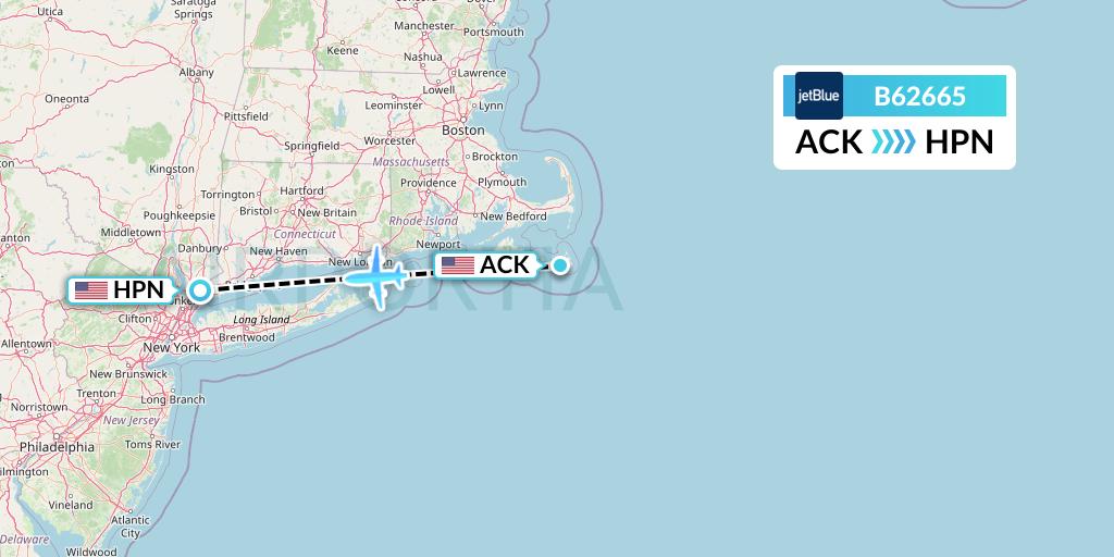 B62665 JetBlue Airways Flight Map: Nantucket to White Plains