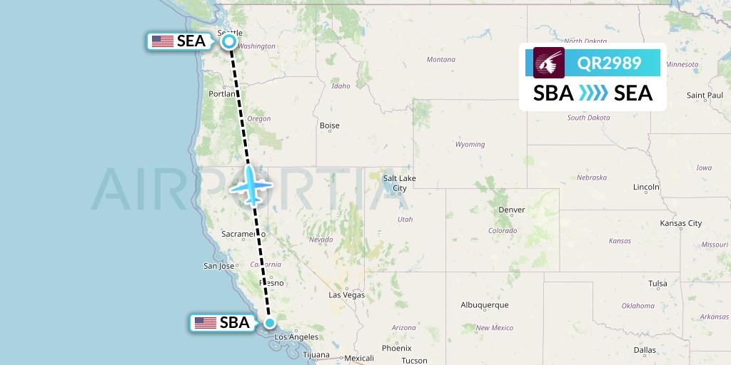 QR2989 Qatar Airways Flight Map: Santa Barbara to Seattle