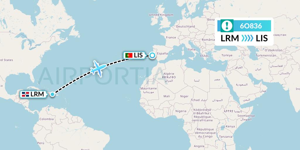 6O836 Orbest Flight Map: La Romana to Lisbon