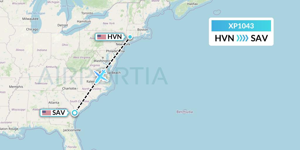 XP1043 Avelo Airlines Flight Map: New Haven to Savannah