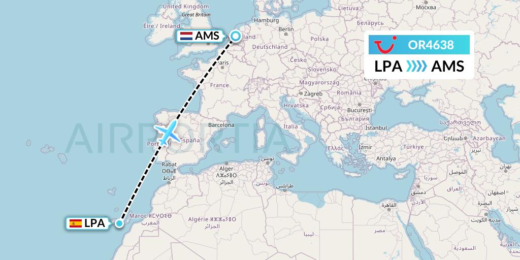 OR4638 TUI fly Netherlands Flight Map: Las Palmas to Amsterdam