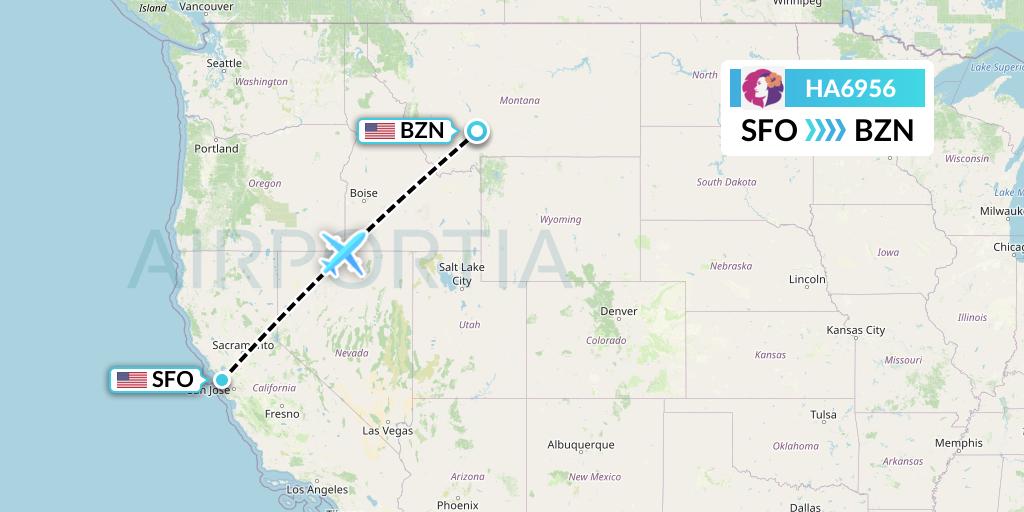 HA6956 Hawaiian Airlines Flight Map: San Francisco to Bozeman