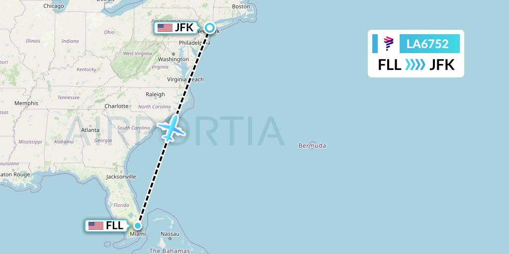 LA6752 LAN Airlines Flight Map: Fort Lauderdale to New York