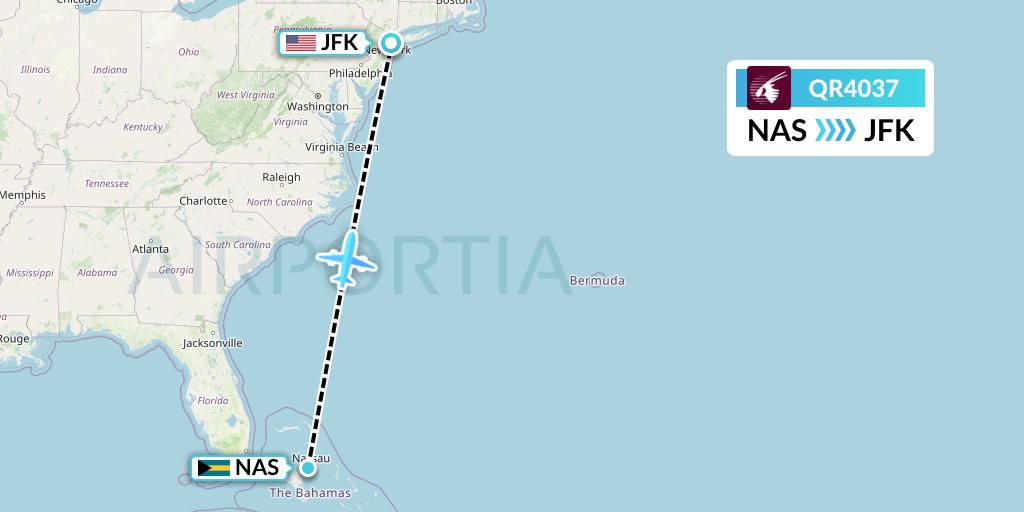 QR4037 Qatar Airways Flight Map: Nassau to New York