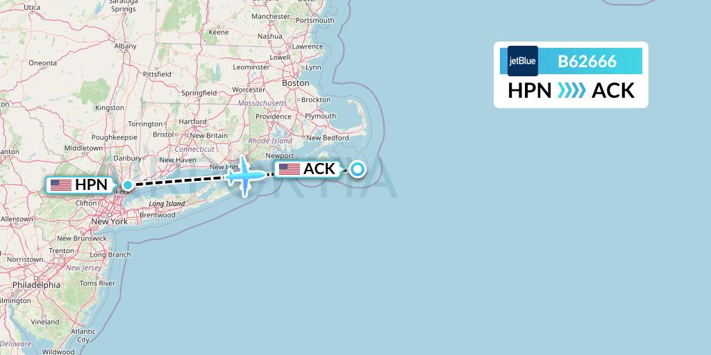 B62666 JetBlue Airways Flight Map: White Plains to Nantucket