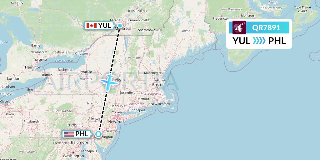 QR7891 Qatar Airways Flight Map: Montreal to Philadelphia